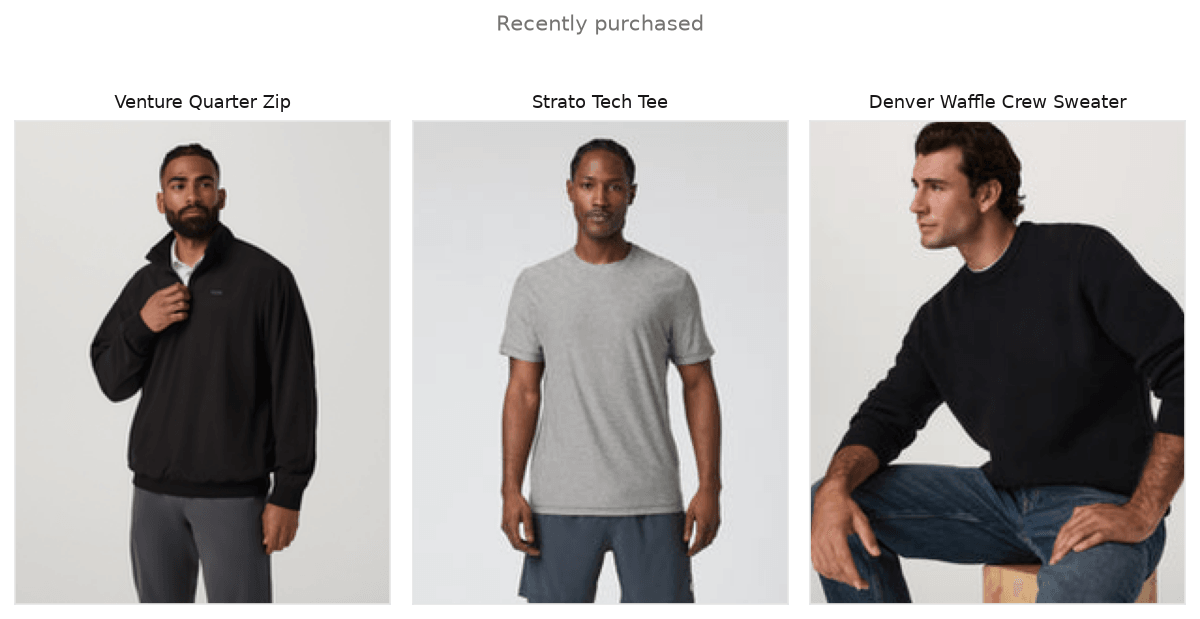 Three product thumbnails representing a shopper's recent purchases: performance tights, a tech tee, and a performance hoodie